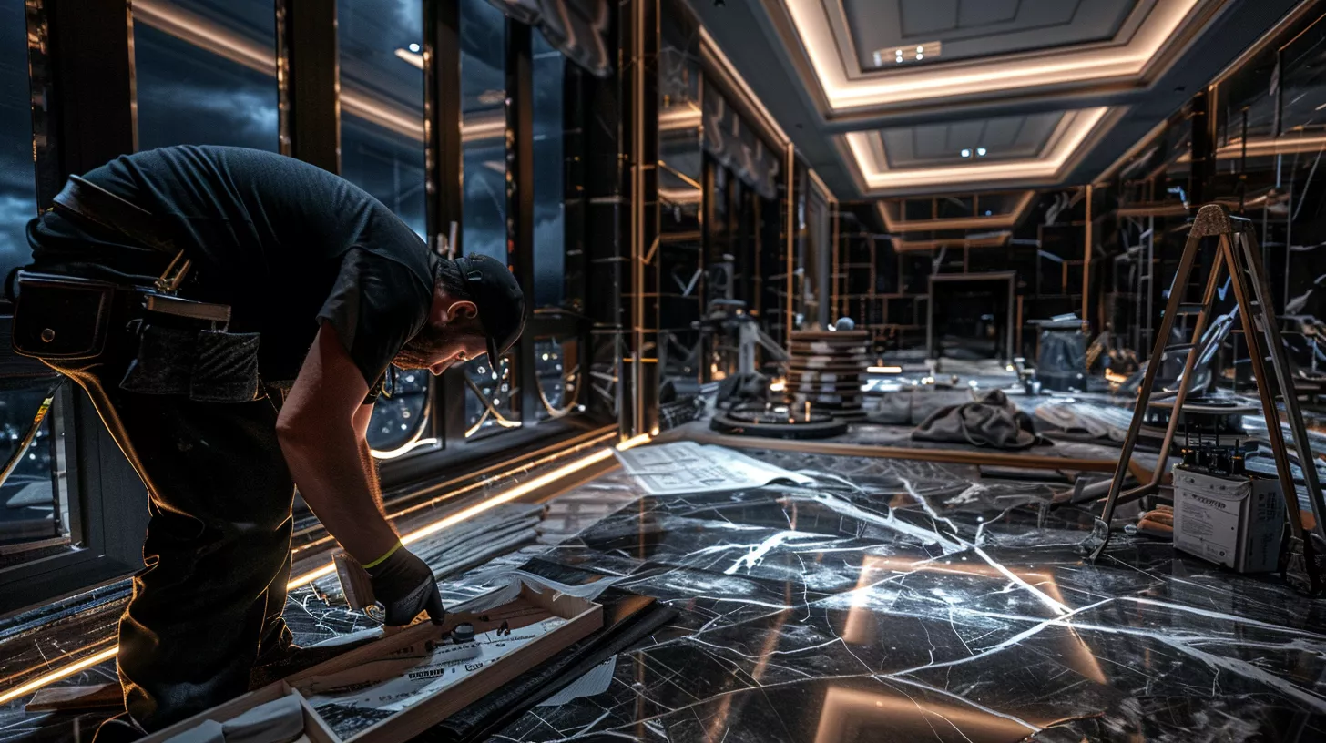 مشهد واقعي لمشروع تصميم داخلي فندقي قيد التنفيذ بإشراف هندسي دقيق